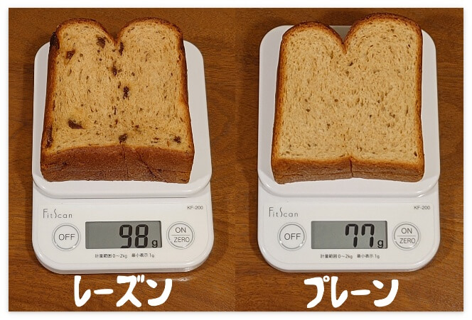 ミニ食パンのレーズンとプレーンの重量を比較（レーズン98g、プレーン77g）