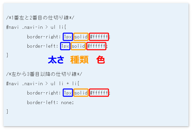 仕切り線の太さと種類と色を指定するCSS