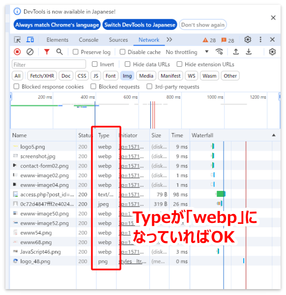 デベロッパーツールで画像のTypeが「webp」と表示された