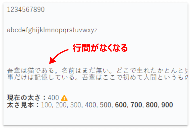 行の高さが「1」の場合、行間がなくなる