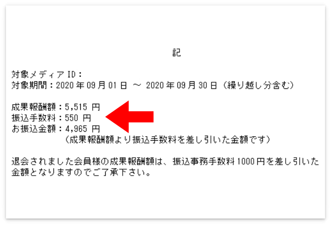 550円の手数料が引かれてるA8.netの振込通知